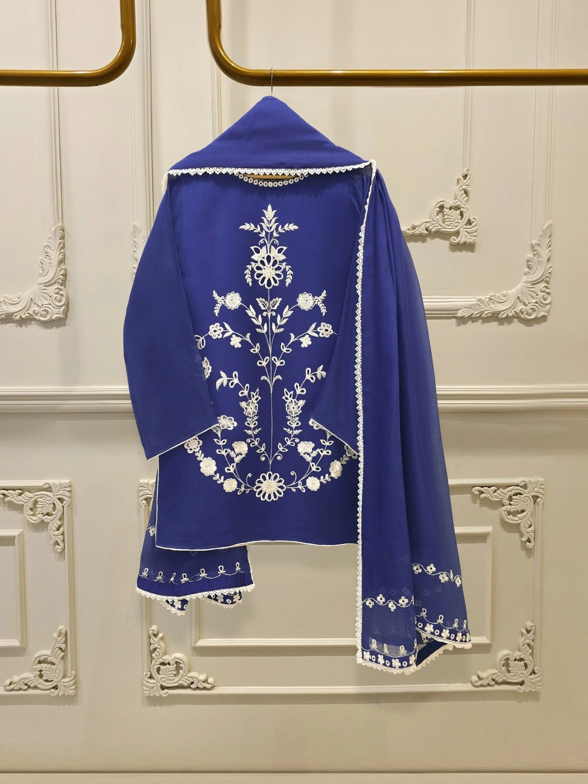 🌸 FOUR PIECE PURE COTTON NET EMBROIDERED SUIT – WITH DUPATTA & RAW SILK PANTS 🌸