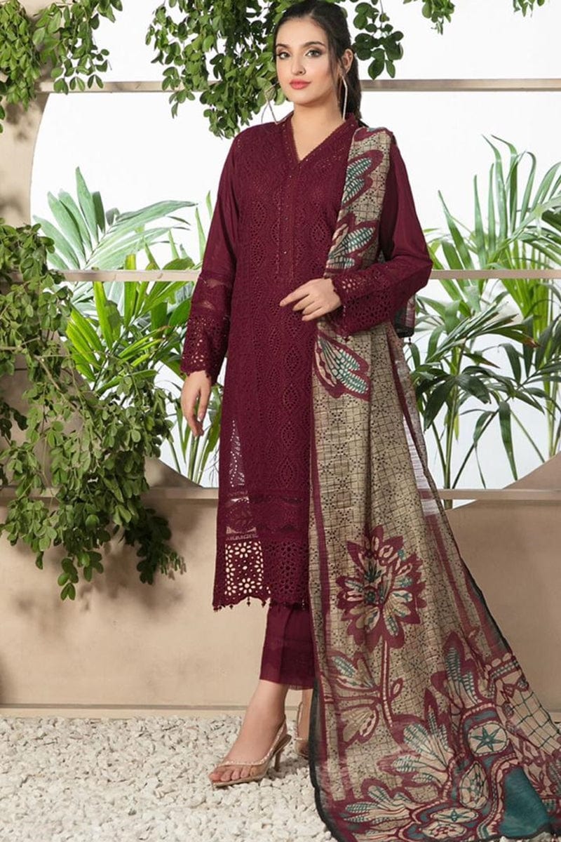 Chikenkari D-762 Mehroon Dhanak Embroidered 3pc