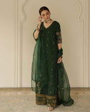 💚 BOTTLE GREEN – FOUR PIECE PURE ORGANZA SEQUENCE EMBROIDERED SUIT 💚