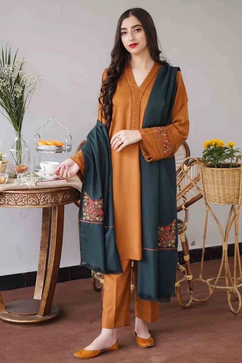 D-476 Musturd Dhanak Embroidered 3Pc Wt