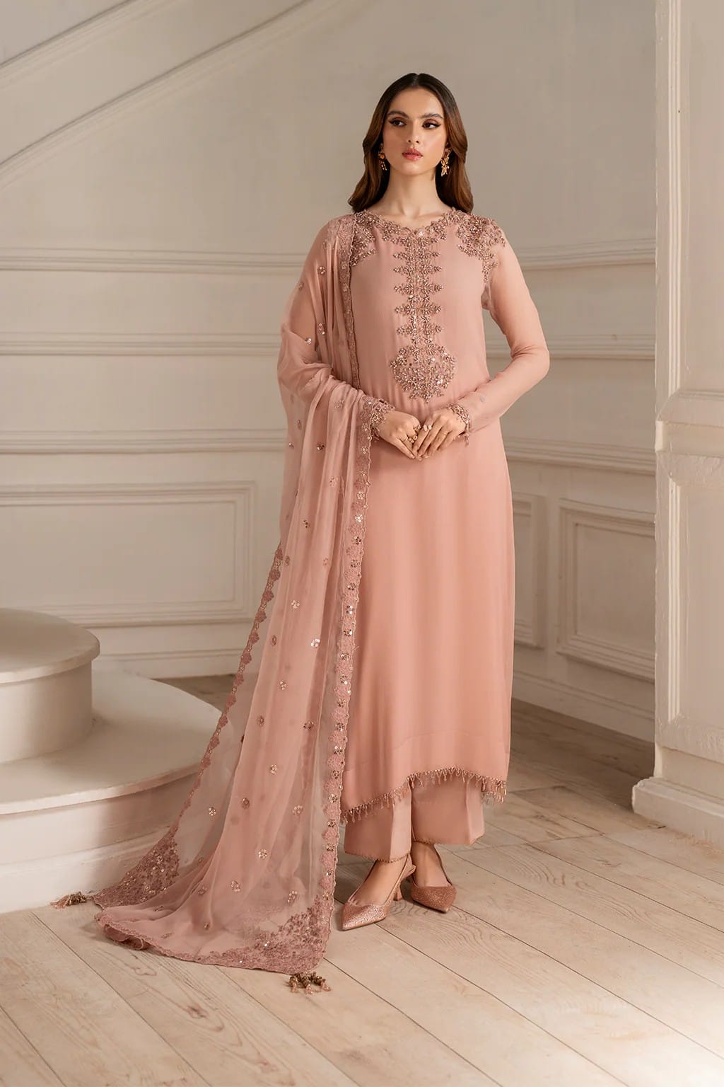 Alluring Embroidered Peach Blossom Formal & Party Chiffon Dress